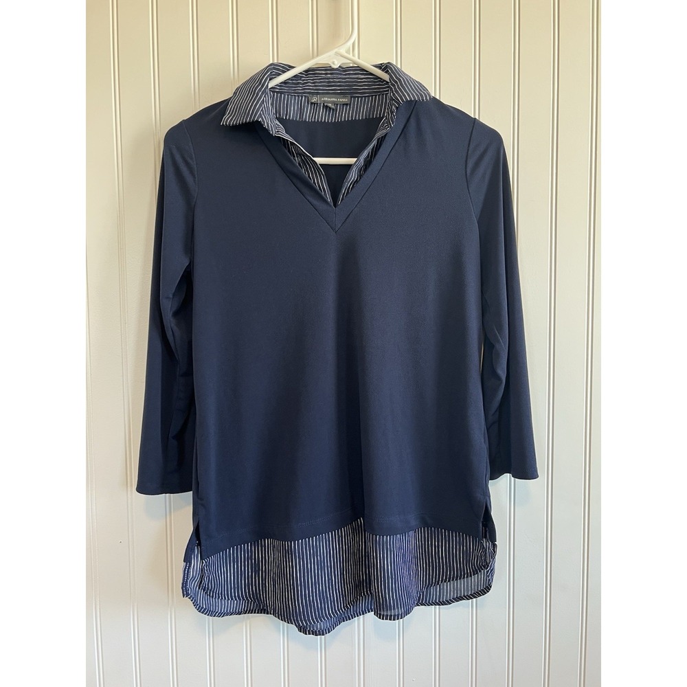 Adrianna Papell Top women Size XS Blue White Stripe 3/4 Sleeve Polyester Office